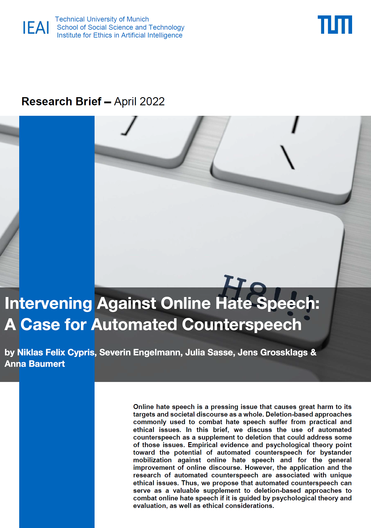 April 2022 IEAI – Research Brief: Intervening Against Online Hate Speech: A Case for Automated Counterspeech